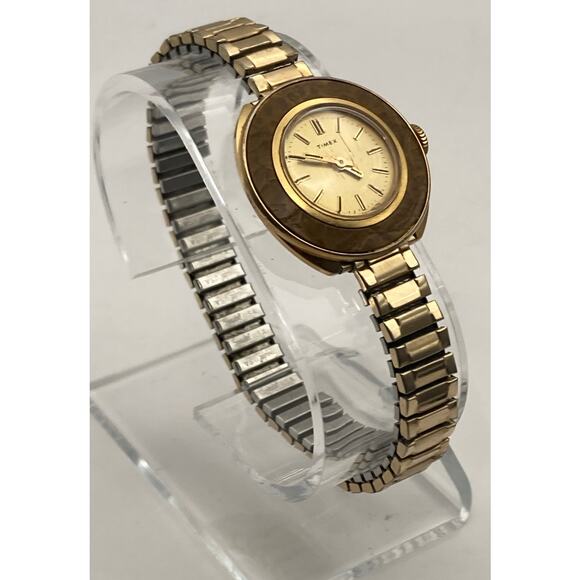 VTG Timex Mechanical Wind-Up Women's Watch 28mm Marble Like Bezel Stretch Band - Picture 1 of 7